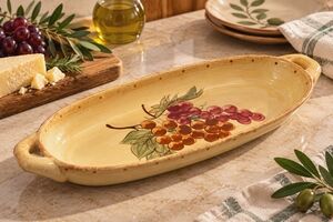 Grape Pattern Ceramic Bread Fruit Bowl 15.5" Tan Serving Tray Platter Excellent